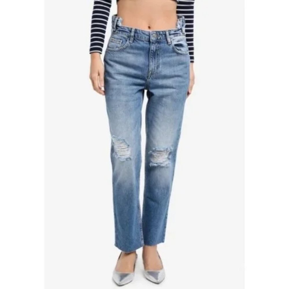 Mango Cameo Relaxed Straight Step Waist Raw Hem Jeans sz 6